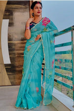 Thumbnail for NOZ2TOZ Women's Organza Digital print Hand Work Sky Saree With Blouse Piece - Distacart