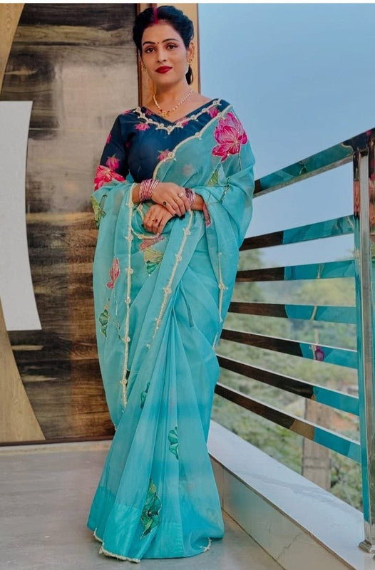 NOZ2TOZ Women's Organza Digital print Hand Work Sky Saree With Blouse Piece - Distacart