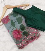 Thumbnail for Malishka Women's Organza Digital print Hand Work Green Saree With Blouse Piece - Green - Distacart