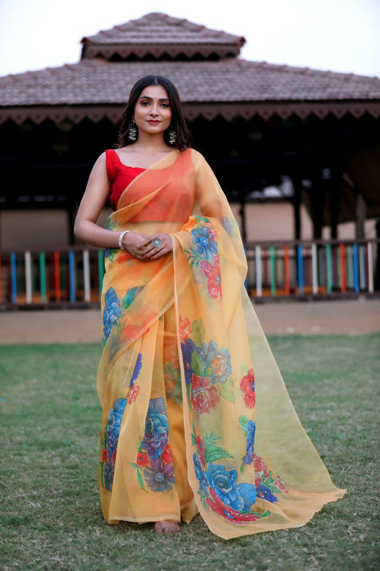 Malishka Women's Organza Digital print Hand Work Orange Saree With Blouse Piece - Orange - Distacart