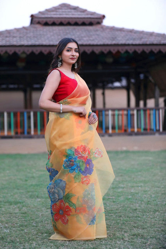 NOZ2TOZ Women's Organza Digital print Hand Work Orange Saree With Blouse Piece - Distacart
