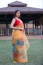 Thumbnail for Malishka Women's Organza Digital print Hand Work Orange Saree With Blouse Piece - Orange - Distacart