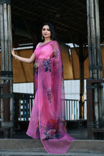 Thumbnail for Malishka Women's Organza Digital print Hand Work Pink Saree With Blouse Piece - Pink - Distacart
