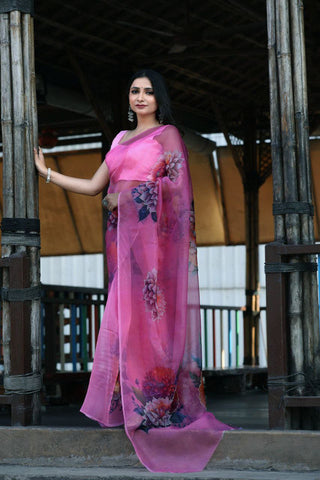 NOZ2TOZ Women's Organza Digital print Hand Work Pink Saree With Blouse Piece - Distacart