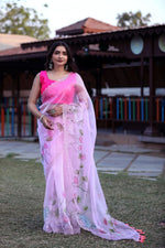 Thumbnail for Malishka Women's Organza Digital print Hand Work Baby Pink Saree With Blouse Piece - Baby Pink - Distacart