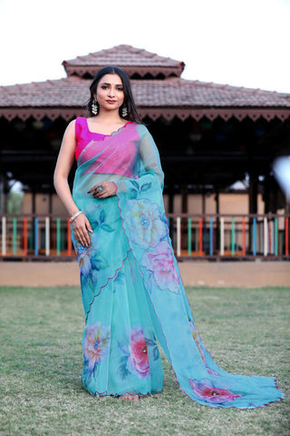 Malishka Women's Organza Digital print Aari Work Sky Saree With Blouse Piece - Sky - Distacart