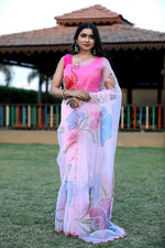 Thumbnail for Malishka Women's Organza Digital print Aari Work Baby Pink Saree With Blouse Piece - Baby Pink - Distacart