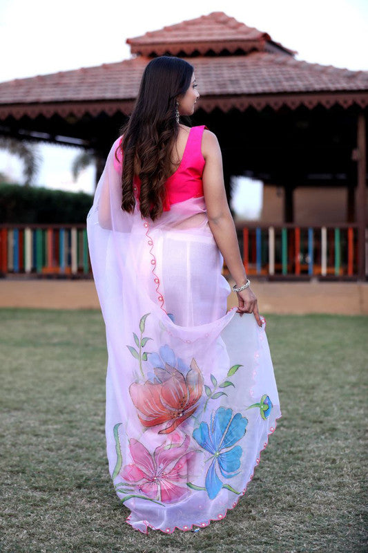 Malishka Women's Organza Digital print Aari Work Baby Pink Saree With Blouse Piece - Baby Pink - Distacart