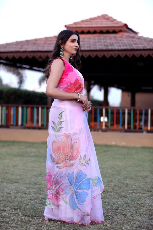 Malishka Women's Organza Digital print Aari Work Baby Pink Saree With Blouse Piece - Baby Pink - Distacart