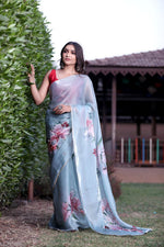 Thumbnail for Malishka Women's Organza Digital print Hand Work Grey Saree With Blouse Piece - Grey - Distacart