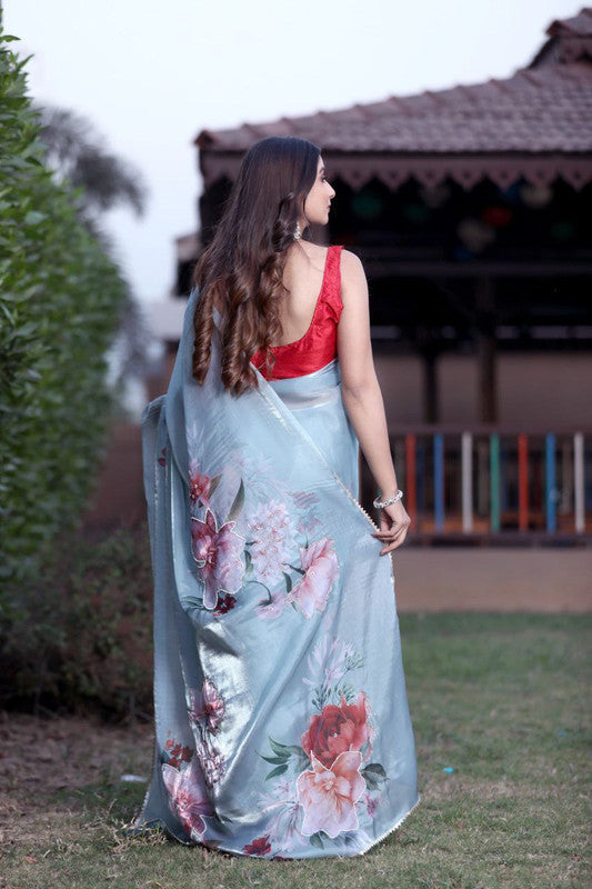 Malishka Women's Organza Digital print Hand Work Grey Saree With Blouse Piece - Grey - Distacart