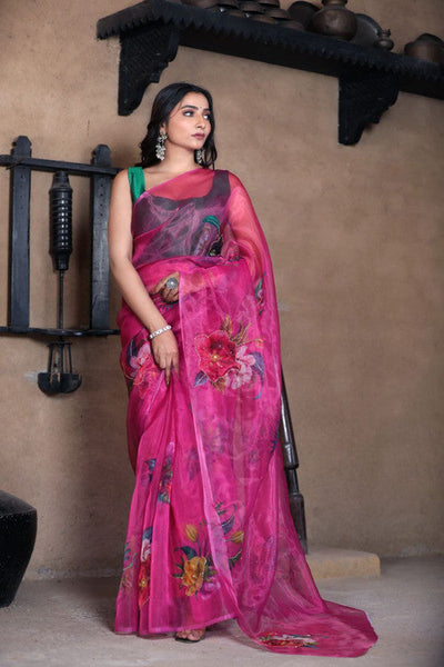 NOZ2TOZ Women's Organza Digital print Hand Work Pink Saree With Blouse Piece - Distacart
