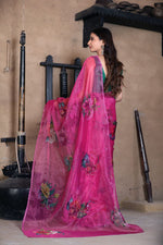 Thumbnail for Malishka Women's Organza Digital print Hand Work Pink Saree With Blouse Piece - Pink - Distacart