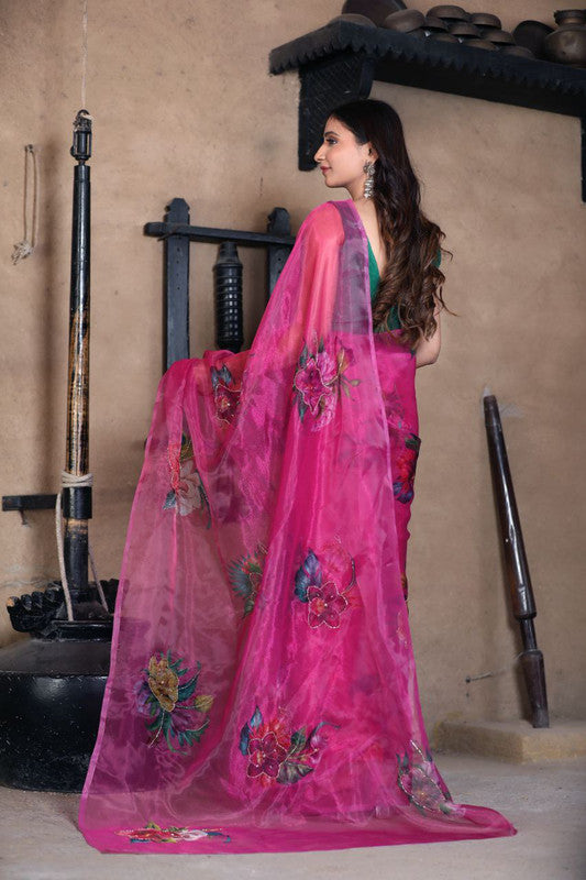 Malishka Women's Organza Digital print Hand Work Pink Saree With Blouse Piece - Pink - Distacart