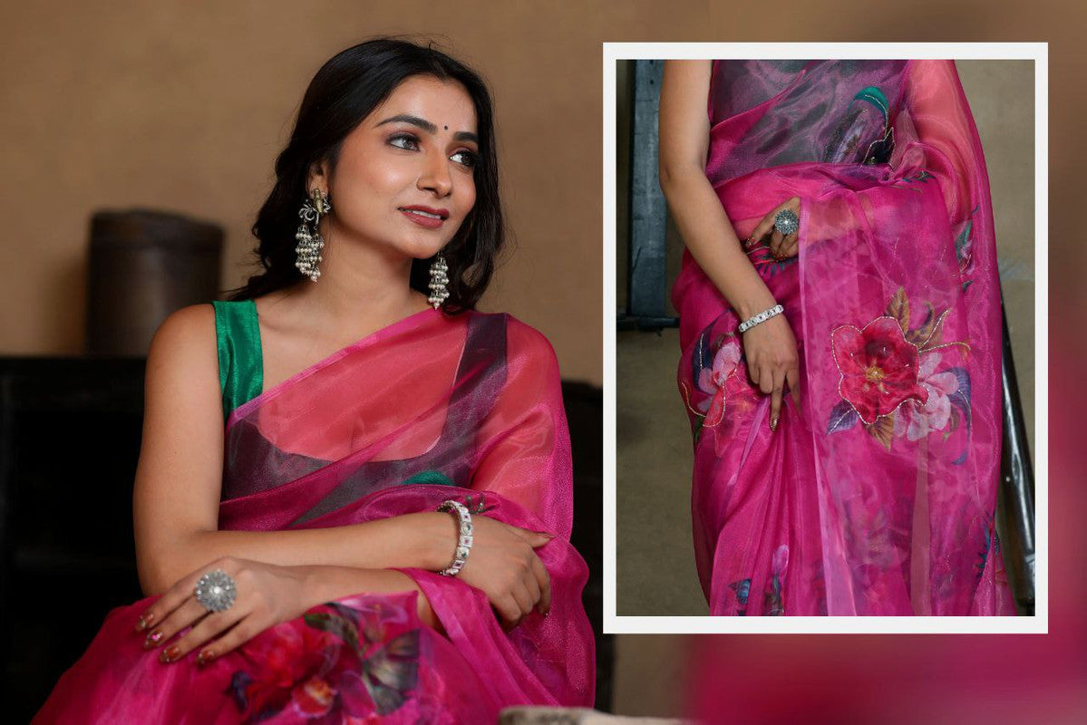 Malishka Women's Organza Digital print Hand Work Pink Saree With Blouse Piece - Pink - Distacart
