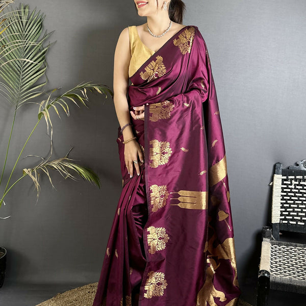 Joban Fashion Magenta Motifs Zari Weaving Soft Silk Banarasi Saree - Dista