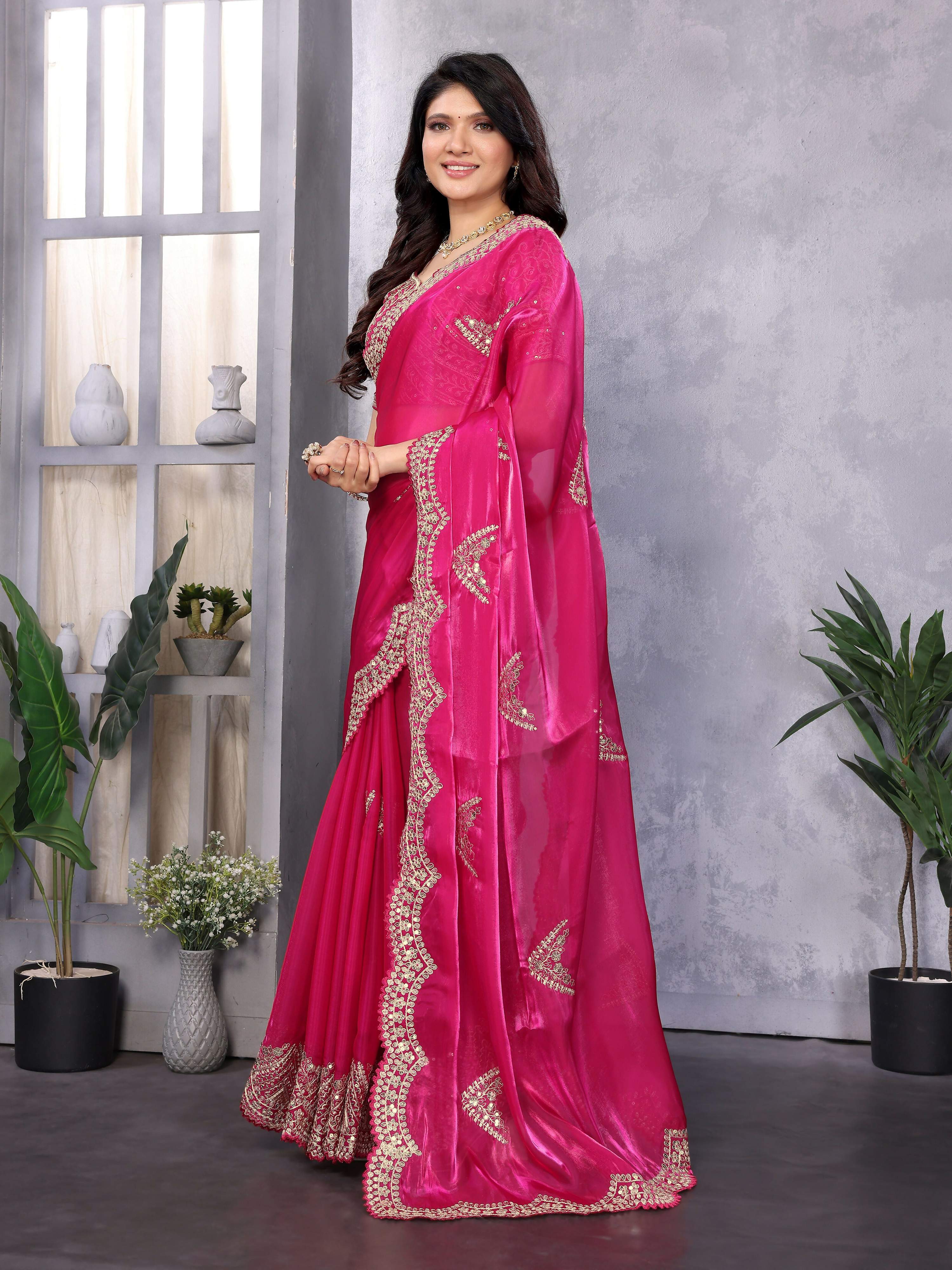 Vastranavya Pink Embroidery Work Shimmer Chiffon Saree with Unstitched Blouse