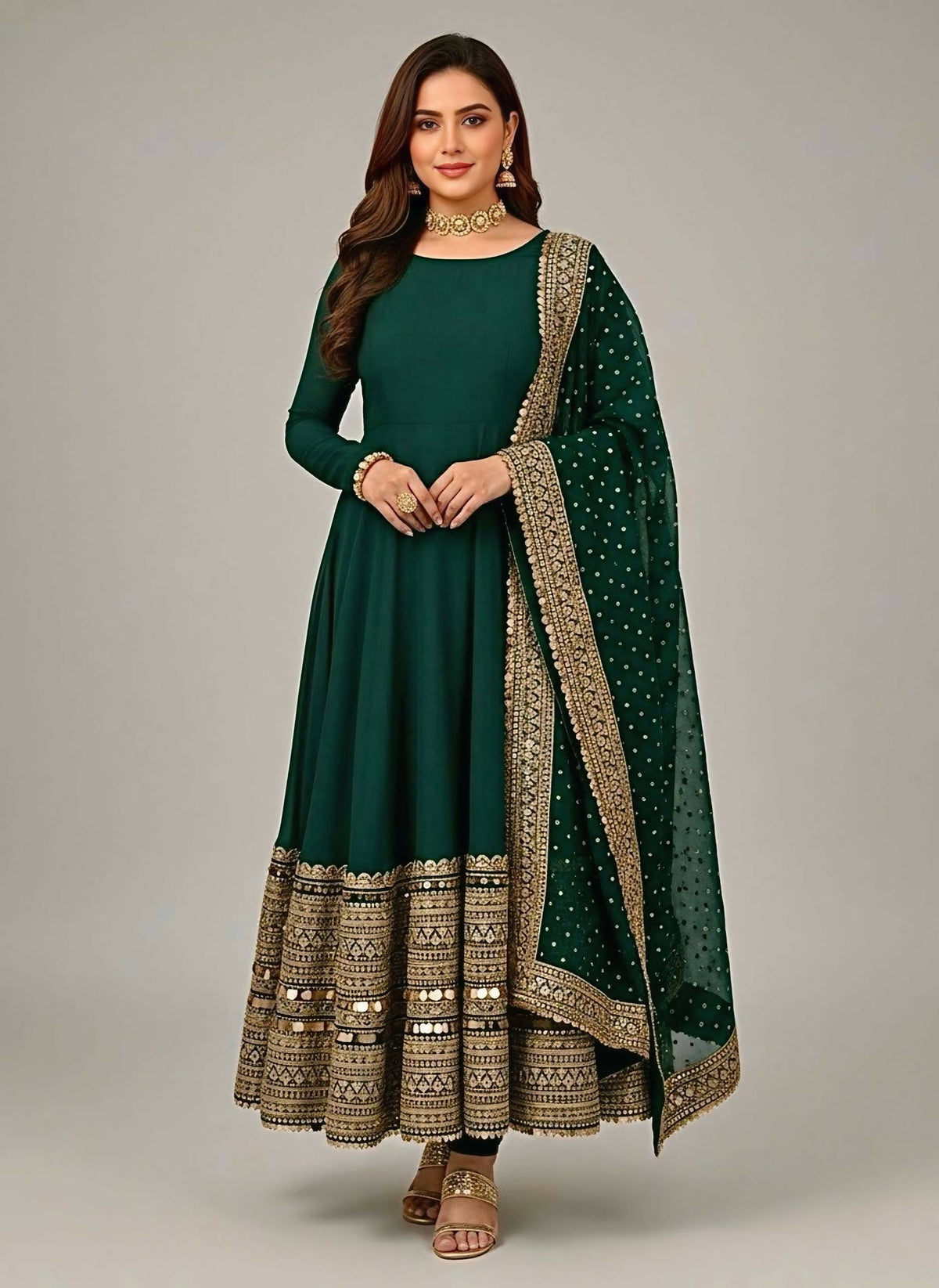 Teeya Creation Green Color Roman Silk Embroidery Work Party Wear Gown