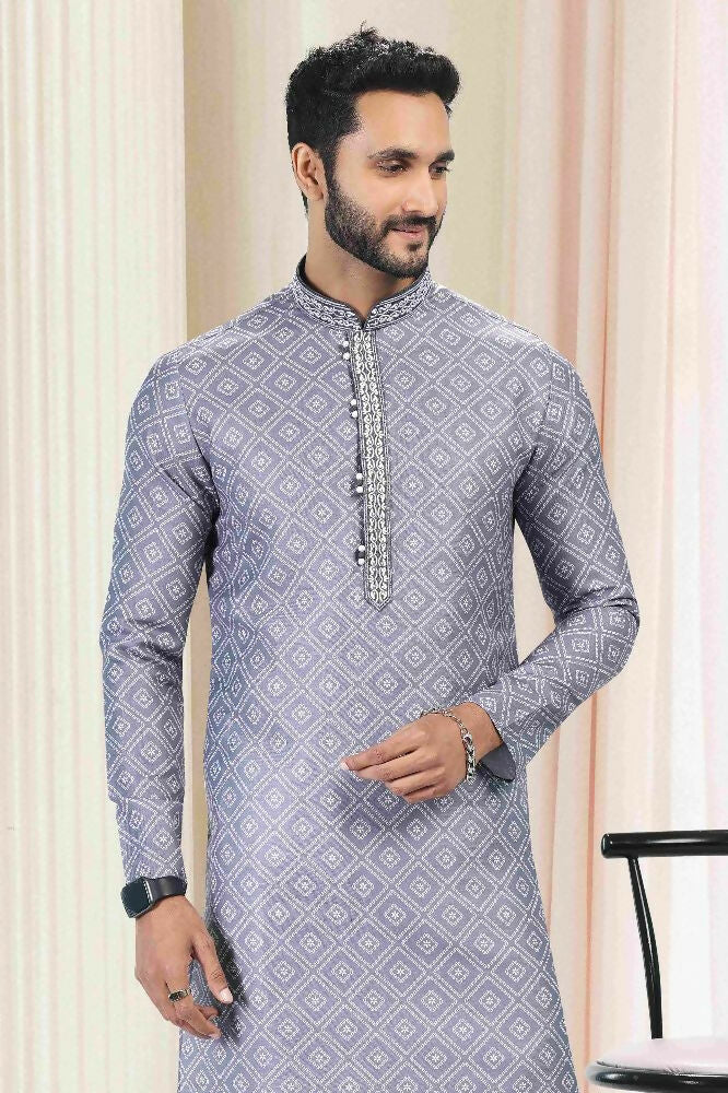 Raivat Ethnic Cotton Thread Work Kurta Pajama In Grey Colour - Dista