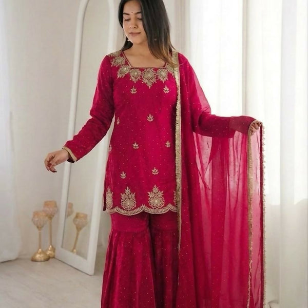 Teeya Creation Womens New Fancy Embroidery Sequence Work With Zarkan Diamond Work Kurta Set - Dista
