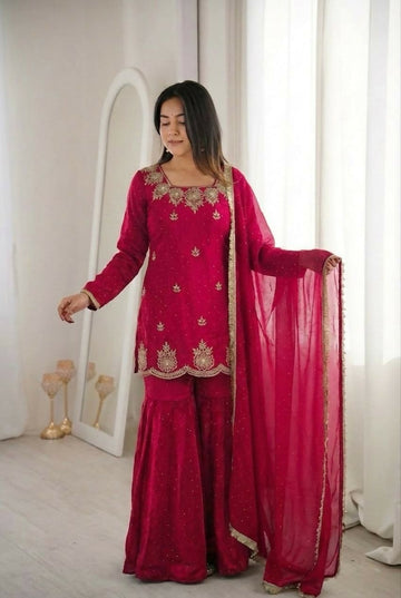 Teeya Creation Womens New Fancy Embroidery Sequence Work With Zarkan Diamond Work Kurta Set - Dista