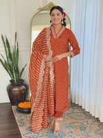 Thumbnail for Malishka Women's Orange Vichitra Silk Embroidered Straight Kurta Pant With Dupatta