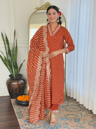 Malishka Women's Orange Vichitra Silk Embroidered Straight Kurta Pant With Dupatta