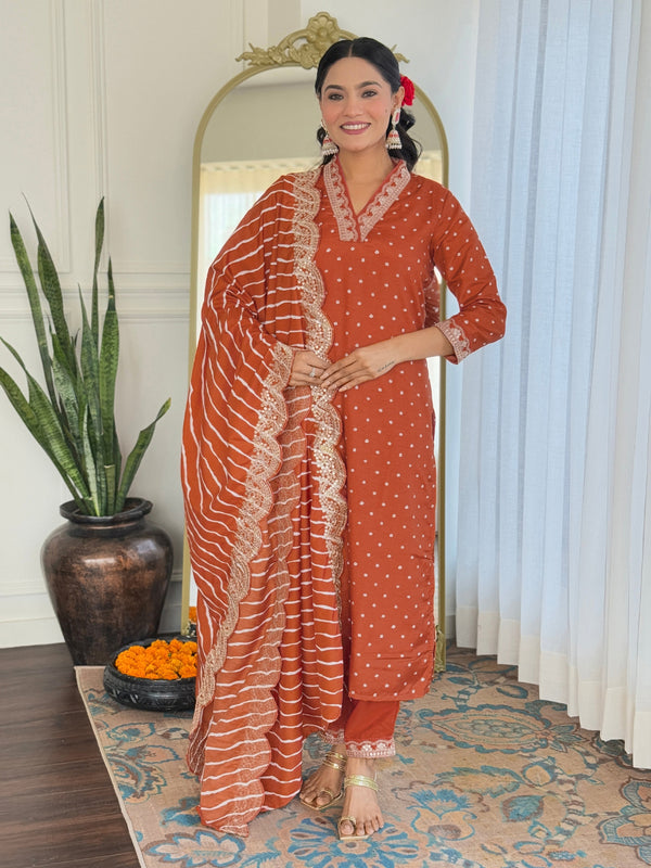 Malishka Women's Orange Vichitra Silk Embroidered Straight Kurta Pant With Dupatta