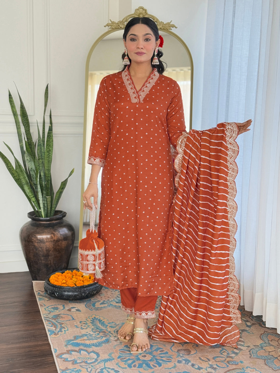 Malishka Women's Orange Vichitra Silk Embroidered Straight Kurta Pant With Dupatta