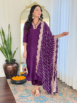 Malishka Women's Wine Vichitra Silk Embroidered Straight Kurta Pant With Dupatta