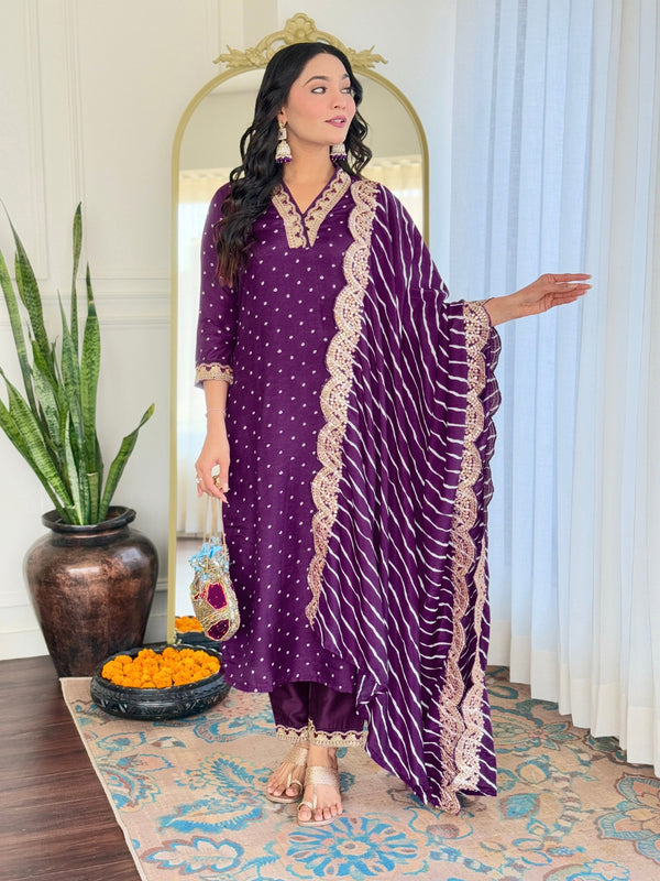 Malishka Women's Wine Vichitra Silk Embroidered Straight Kurta Pant With Dupatta