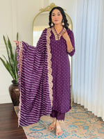 Thumbnail for Malishka Women's Wine Vichitra Silk Embroidered Straight Kurta Pant With Dupatta