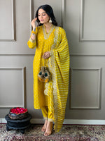 Thumbnail for Malishka Women's Yellow Vichitra Silk Embroidered Straight Kurta Pant With Dupatta