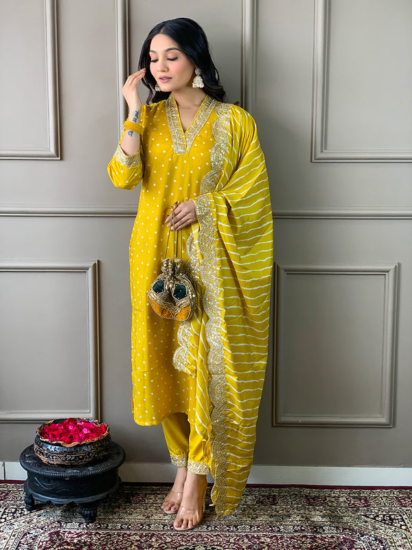 Malishka Women's Yellow Vichitra Silk Embroidered Straight Kurta Pant With Dupatta