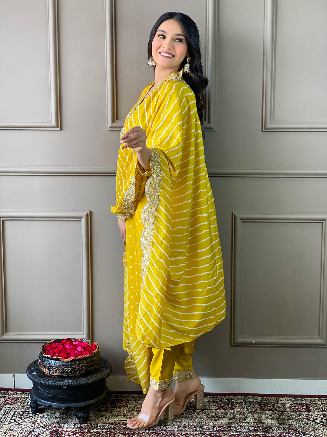 Malishka Women's Yellow Vichitra Silk Embroidered Straight Kurta Pant With Dupatta
