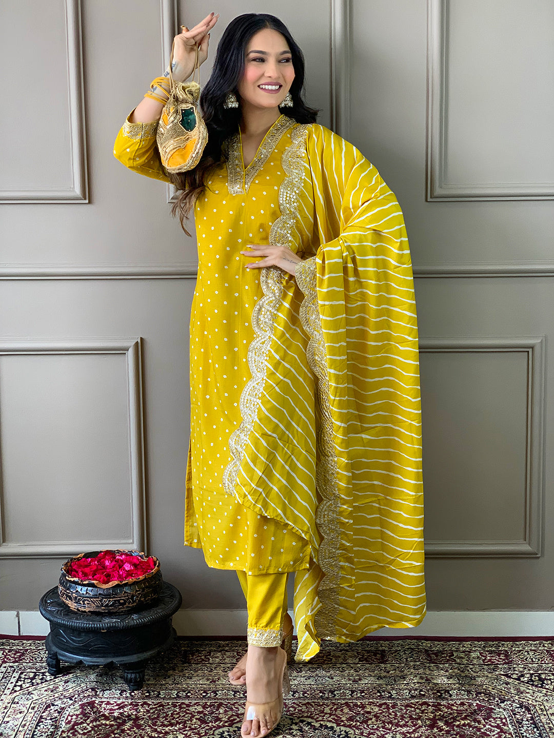 Malishka Women's Yellow Vichitra Silk Embroidered Straight Kurta Pant With Dupatta