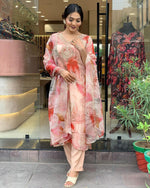 Thumbnail for Malishka Women's Peach Organza Embroidered Straight Kurta Pant With Dupatta - Distacart