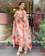 Thumbnail for Malishka Women's Peach Organza Embroidered Straight Kurta Pant With Dupatta - Distacart