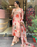 Thumbnail for Malishka Women's Peach Organza Embroidered Straight Kurta Pant With Dupatta - Distacart