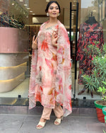 Thumbnail for Malishka Women's Peach Organza Embroidered Straight Kurta Pant With Dupatta - Distacart