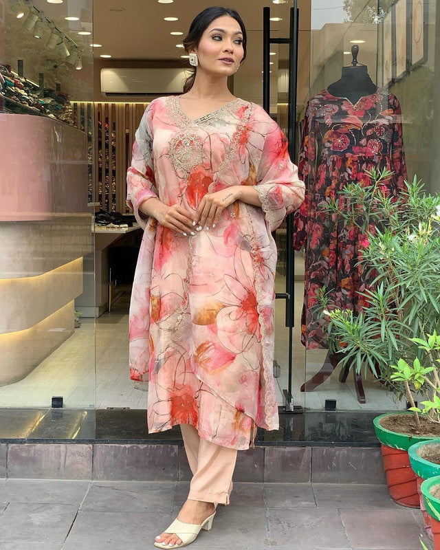 Malishka Women's Peach Organza Embroidered Straight Kurta Pant With Dupatta - Distacart