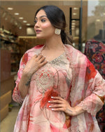 Thumbnail for Malishka Women's Peach Organza Embroidered Straight Kurta Pant With Dupatta - Distacart