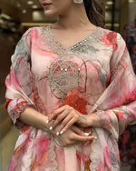 Thumbnail for Malishka Women's Peach Organza Embroidered Straight Kurta Pant With Dupatta - Distacart