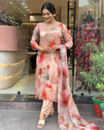 Thumbnail for Malishka Women's Peach Organza Embroidered Straight Kurta Pant With Dupatta - Distacart