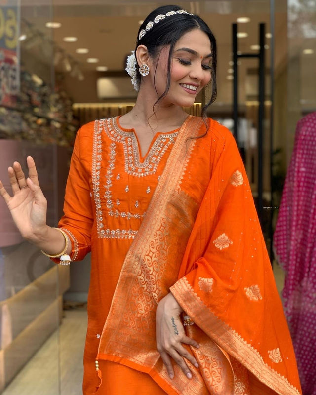 Malishka Women's Orange Viscose Chanderi Embroidered Straight Kurta Pant With Dupatta - Distacart