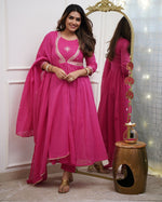 Thumbnail for Malishka Women's Pink Muslin Cotton Embroidered Anarkali Kurta Pant With Dupatta
