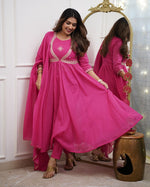 Thumbnail for Malishka Women's Pink Muslin Cotton Embroidered Anarkali Kurta Pant With Dupatta