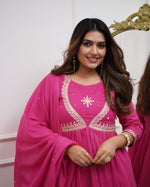 Thumbnail for Malishka Women's Pink Muslin Cotton Embroidered Anarkali Kurta Pant With Dupatta