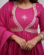 Thumbnail for Malishka Women's Pink Muslin Cotton Embroidered Anarkali Kurta Pant With Dupatta