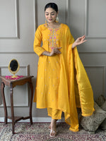 Thumbnail for Malishka Women's Yellow Viscose Chanderi Embroidered Straight Kurta Pant With Dupatta - Distacart